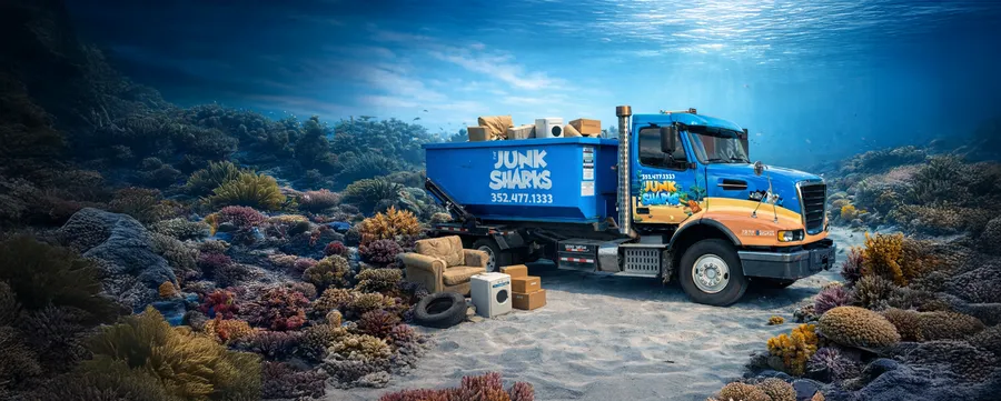 Illustration of The Junk Sharks Dumpster Rental junk removal truck