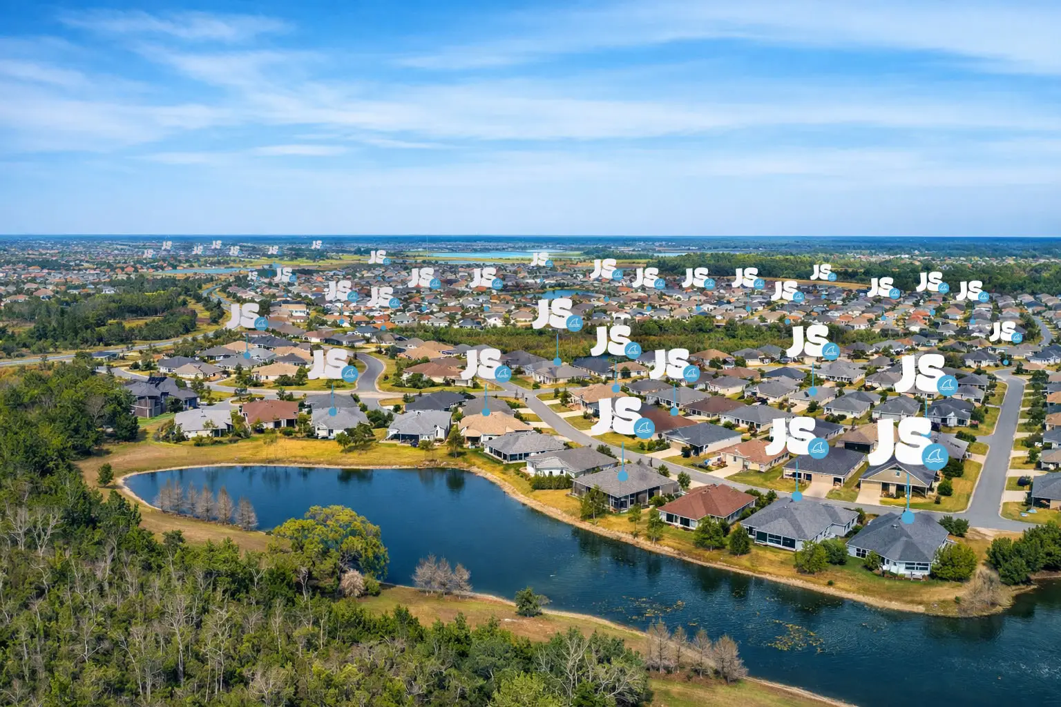 Illustrated aerial of an Ocala neighborhood with Junk Sharks service pins